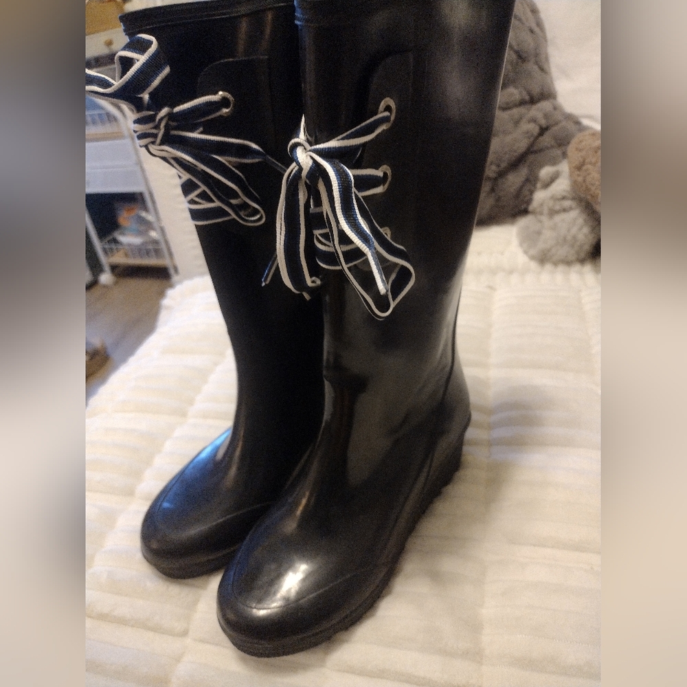 New, Sperry Top Siders Black Rubber Water Rain Boots With Ribbon, Wedge
